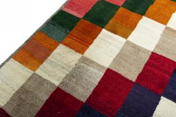 Backside of handmade 2000s Persian Gabbeh rug showing knot structure and weave density