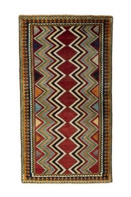 Full view of 2000s Persian Gabbeh rug from Iran / Persia, 195 × 108 cm in Red tones