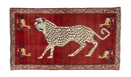 Full view of 2000s Persian Gabbeh rug from Iran / Persia, 208 × 118 cm in Red tones