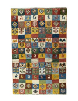 Full view of New Persian Gabbeh rug from Iran / Persia, 155 × 100 cm in Multi Color tones