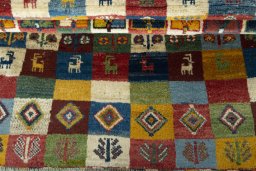 Full view of New Persian Gabbeh rug from Iran / Persia, 155 × 100 cm in Multi Color tones