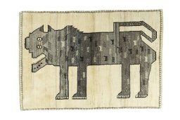 Full view of 2000s Persian Gabbeh rug from Iran / Persia, 150 × 105 cm in Beige tones
