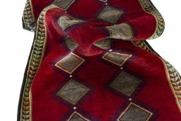 Corner detail of 2000s Persian Gabbeh rug showing border pattern and Wool pile