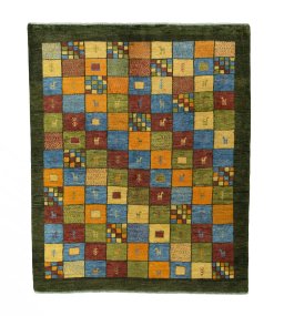 Full view of 2000s Persian Gabbeh rug from Iran / Persia, 203 × 168 cm in Green tones