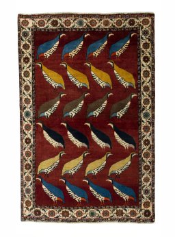 Full view of 2000s Persian Gabbeh rug from Iran / Persia, 190 × 124 cm in Red tones