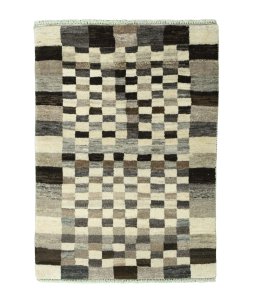 Full view of 2000s Persian Gabbeh rug from Iran / Persia, 146 × 105 cm in Beige tones