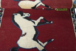 Full view of 2000s Persian Gabbeh rug from Iran / Persia, 121 × 83 cm in Red tones
