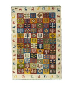 Full view of 2000s Persian Gabbeh rug from Iran / Persia, 144 × 100 cm in Multi Color tones