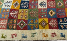 Close-up detail of 2000s Persian Gabbeh rug from Iran / Persia showing Wool weave