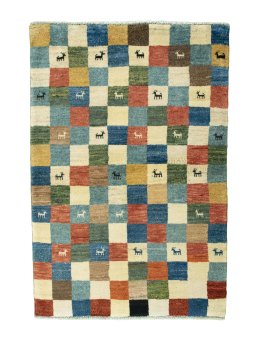 Full view of 2000s Persian Gabbeh rug from Iran / Persia, 150 × 101 cm in Multi Color tones