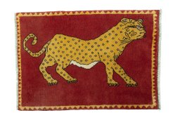 Full view of 2000s Persian Gabbeh rug from Iran / Persia, 90 × 64 cm in Red tones
