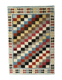 Full view of 2000s Persian Gabbeh rug from Iran / Persia, 153 × 107 cm in Multi Color tones