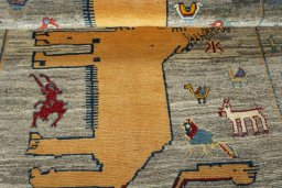 Full view of 2000s Persian Gabbeh rug from Iran / Persia, 210 × 118 cm in Beige tones