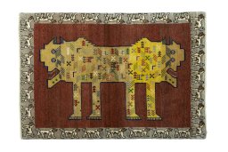 Full view of 2000s Persian Gabbeh rug from Iran / Persia, 155 × 107 cm in Red tones