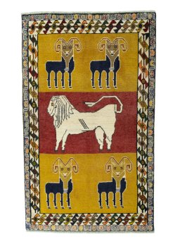 Full view of 2000s Persian Gabbeh rug from Iran / Persia, 181 × 110 cm in Red tones