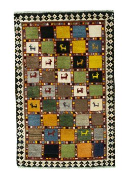 Full view of 2000s Persian Gabbeh rug from Iran / Persia, 124 × 80 cm in Multi Color tones