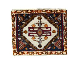 Full view of 2000s Persian Gabbeh rug from Iran / Persia, 43 × 52 cm in Red tones