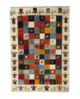 Full view of 2000s Persian Gabbeh rug from Iran / Persia, 120 × 85 cm in Multi Color tones
