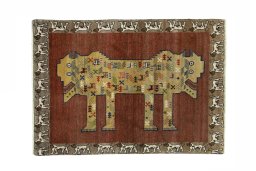 Full view of 2000s Persian Gabbeh rug from Iran / Persia, 152 × 107 cm in Red tones