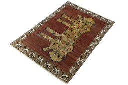 Corner detail of 2000s Persian Gabbeh rug showing border pattern and Wool pile