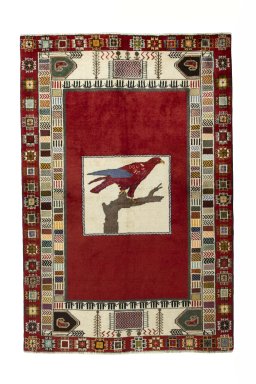 Full view of 2000s Persian Gabbeh rug from Iran / Persia, 200 × 133 cm in Red tones