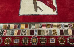 Full view of 2000s Persian Gabbeh rug from Iran / Persia, 200 × 133 cm in Red tones