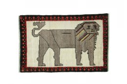 Full view of 2000s Persian Gabbeh rug from Iran / Persia, 94 × 61 cm in Beige tones