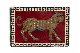 Full view of 2000s Persian Gabbeh rug from Iran / Persia, 93 × 63 cm in Red tones