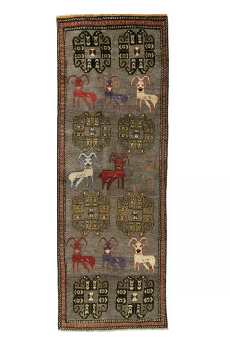 Full view of 2000s Persian Gabbeh rug from Iran / Persia, 296 × 105 cm in Gray tones