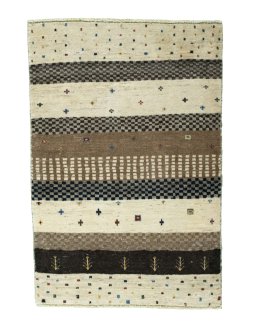 Full view of 2000s Persian Gabbeh rug from Iran / Persia, 128 × 87 cm in Beige tones