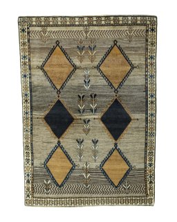 Full view of 1970s Persian Gabbeh rug from Iran / Persia, 190 × 135 cm in Beige tones