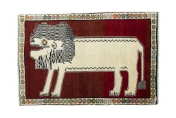Full view of 2000s Persian Gabbeh rug from Iran / Persia, 152 × 100 cm in Red tones