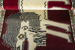 Full view of 2000s Persian Gabbeh rug from Iran / Persia, 152 × 100 cm in Red tones