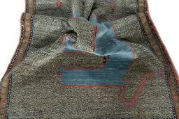 Corner detail of New Persian Gabbeh rug showing border pattern and Wool pile