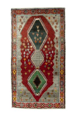 Full view of 2000s Persian Gabbeh rug from Iran / Persia, 225 × 123 cm in Red tones