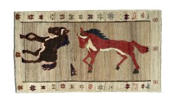 Full view of 2000s Persian Gabbeh rug from Iran / Persia, 210 × 117 cm in Beige tones