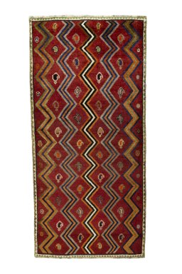 Full view of 2000s Persian Gabbeh rug from Iran / Persia, 234 × 111 cm in Red tones