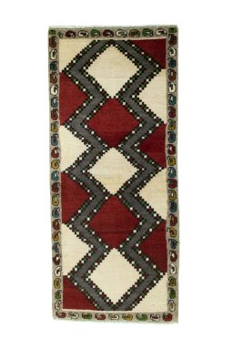 Full view of 2000s Persian Gabbeh rug from Iran / Persia, 147 × 66 cm in Beige tones