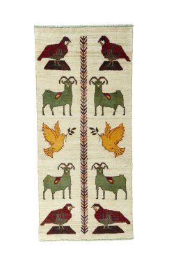 Full view of 2000s Persian Gabbeh rug from Iran / Persia, 174 × 78 cm in Beige tones