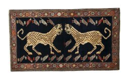 Full view of 2000s Persian Gabbeh rug from Iran / Persia, 271 × 154 cm in Blue tones