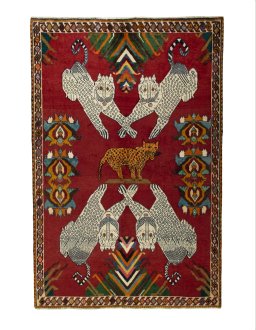 Full view of 2000s Persian Gabbeh rug from Iran / Persia, 215 × 140 cm in Red tones
