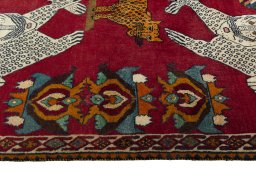 Full view of 2000s Persian Gabbeh rug from Iran / Persia, 215 × 140 cm in Red tones