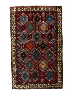 Full view of 2000s Persian Gabbeh rug from Iran / Persia, 235 × 146 cm in Red tones