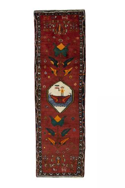 Full view of 2000s Persian Gabbeh rug from Iran / Persia, 250 × 78 cm in Red tones