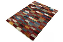 Corner detail of New Persian Gabbeh rug showing border pattern and Wool pile