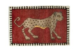 Full view of 2000s Persian Gabbeh rug from Iran / Persia, 128 × 85 cm in Red tones