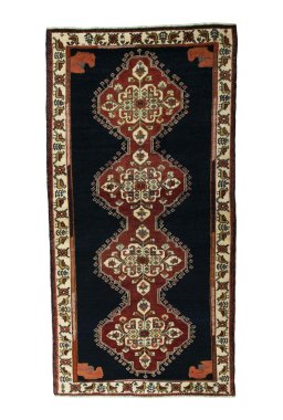 Full view of 2000s Persian Gabbeh rug from Iran / Persia, 225 × 115 cm in Blue tones