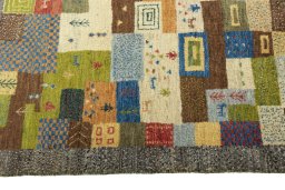 Close-up detail of New Persian Gabbeh rug from Iran / Persia showing Wool weave