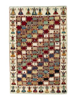 Full view of 2000s Persian Gabbeh rug from Iran / Persia, 153 × 104 cm in Multi Color tones