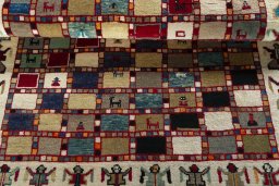 Full view of 2000s Persian Gabbeh rug from Iran / Persia, 153 × 104 cm in Multi Color tones